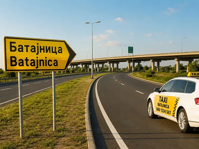 na slici je taxi vozilo na autoputu - isključenju za Batajnicu